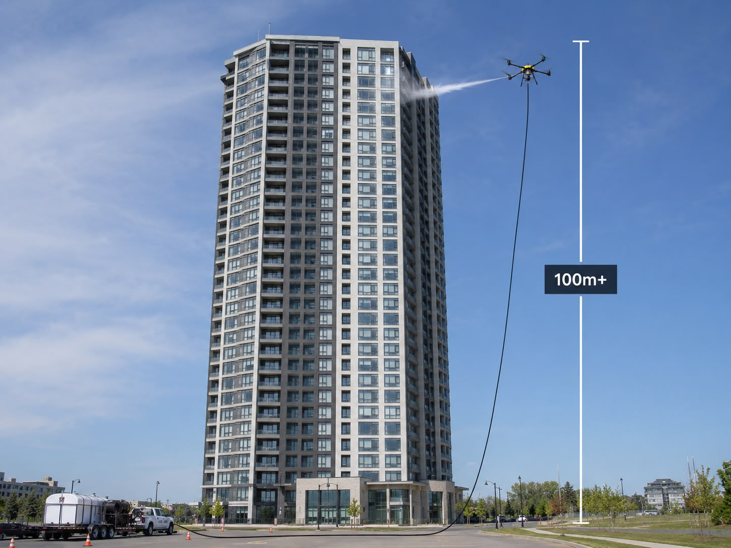 Drone cleaning high-rise building signage and facade in Perth